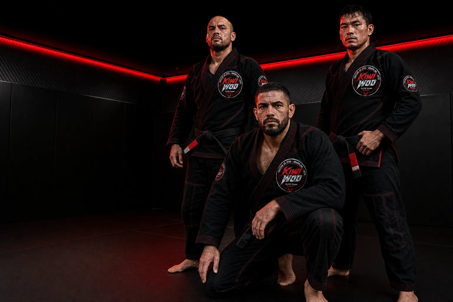 Le nouveau dojo Kiwi Wod à Bondy : tatamis, murs capitonnés et éclairage LED rouge, avec les combattants de la team
